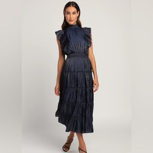 Lulus XL Take a Glance Navy Blue Tiered Mock Neck Midi Dress